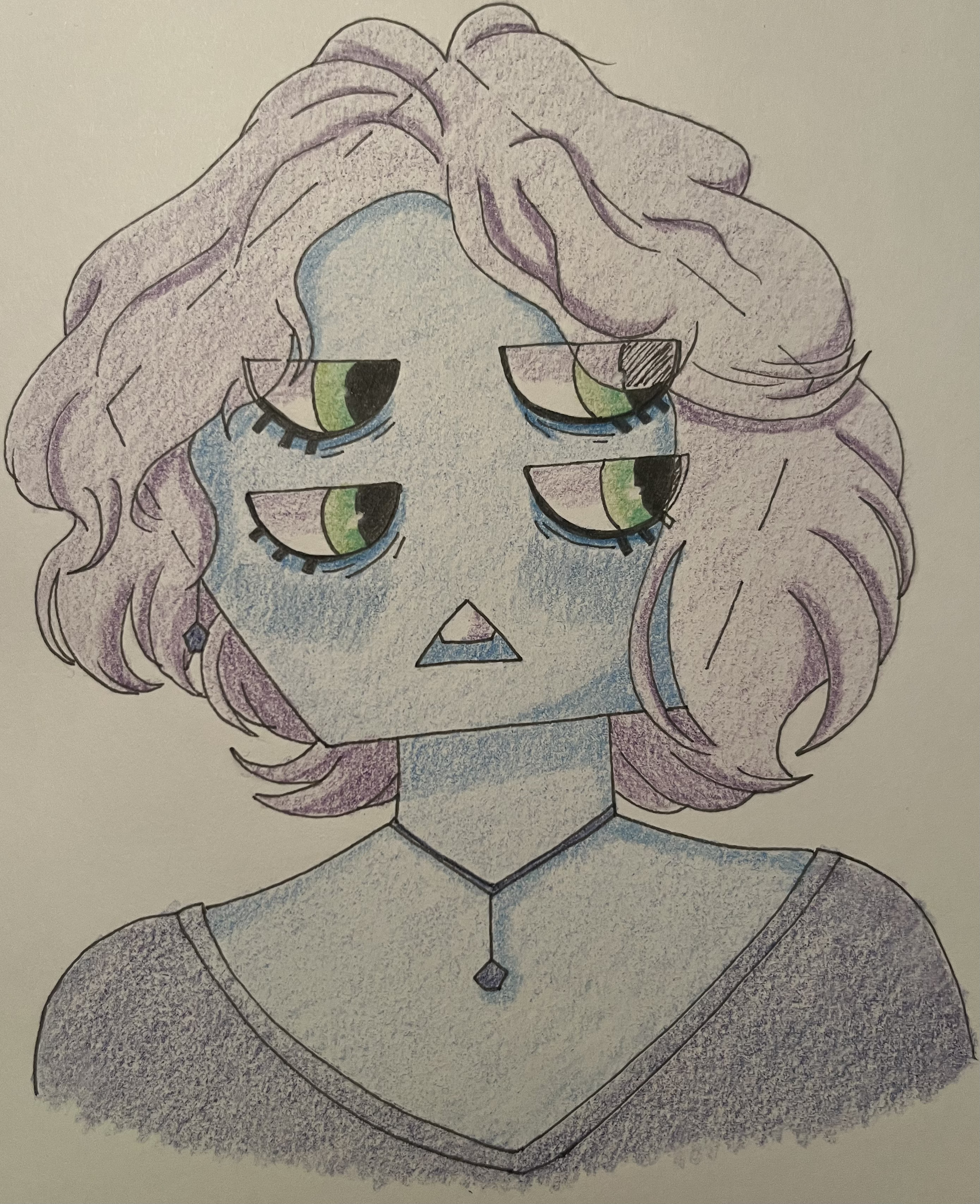 A colored pencil portrait of a girl with a pentagon head and four eyes